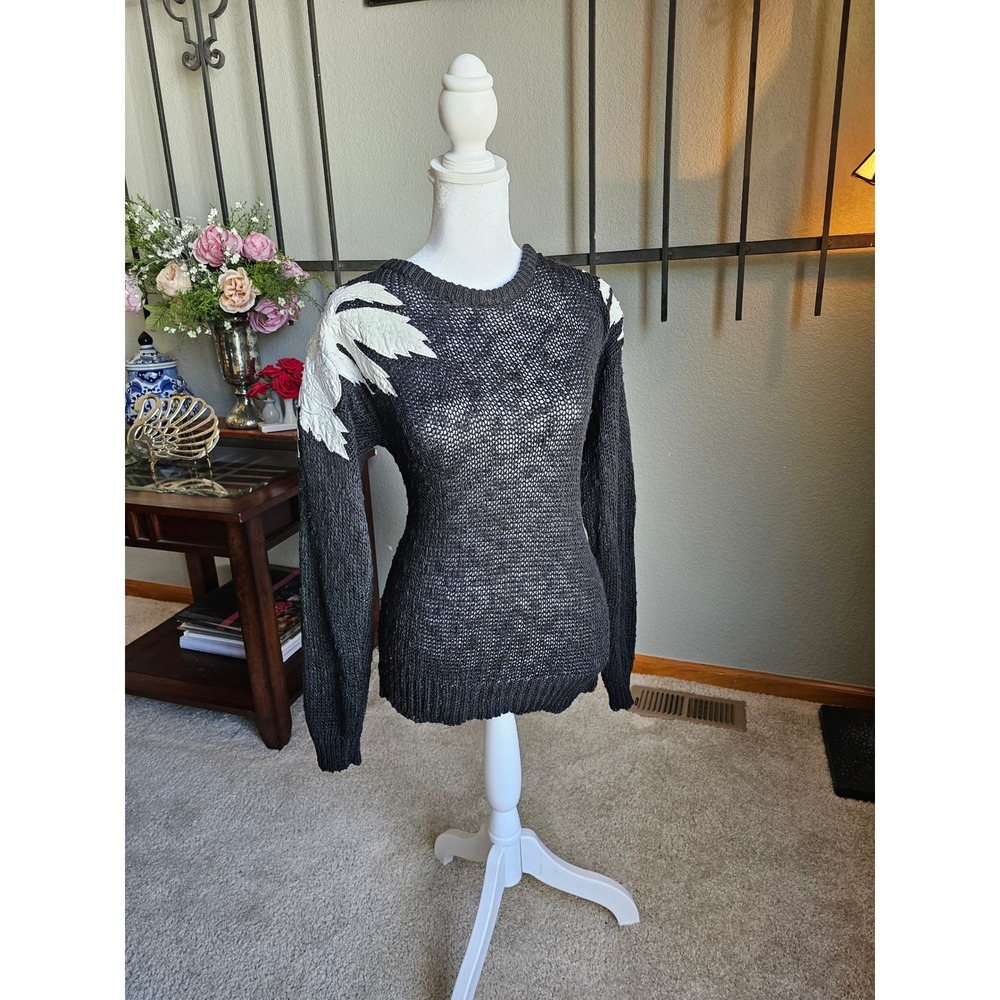 David Brett Sweater Womens 38 Black Linen Blend Sequin Floral Applique Pullover